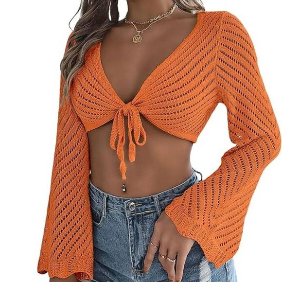 Unbranded Sweaters - NWT Crochet Tie Front Cropped Cardigan | Orange Bell Sleeve Shrug | Size L